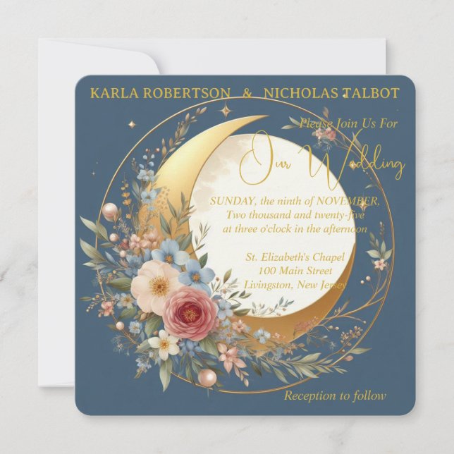 Blue Moonflower Floral Rounded Wedding Invitation (Front)