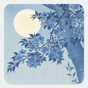 Blue Moonlit Blossom Tree Under the Night Sky Square Sticker