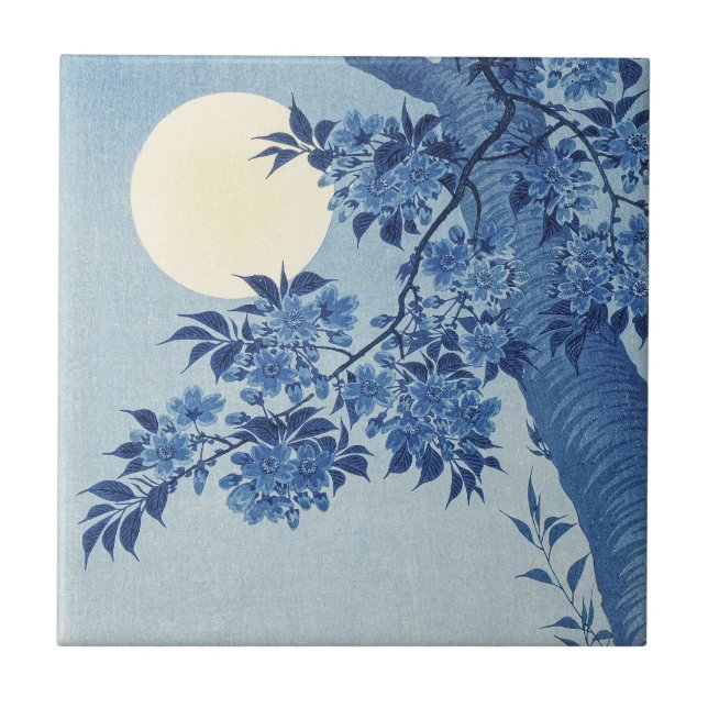 Blue Moonlit Blossom Tree Under the Night Sky Tile (Front)