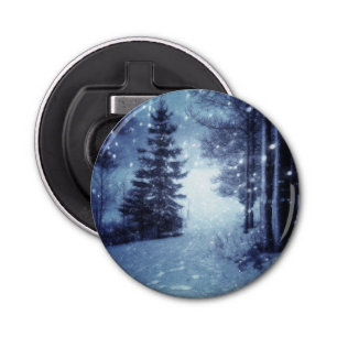 Blue Moonlit Magical Forest Winter Scene Bottle Opener