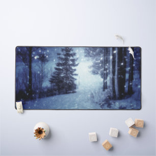 Blue Moonlit Magical Forest Winter Scene Desk Mat