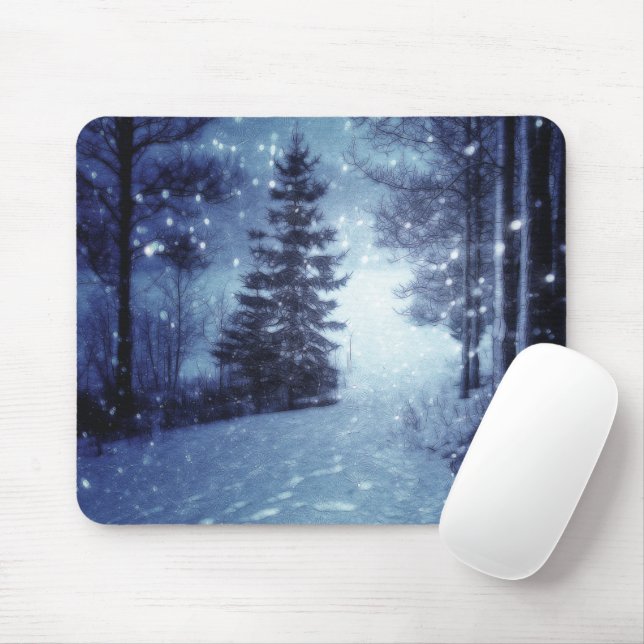 Blue Moonlit Magical Forest Winter Scene Mouse Pad (With Mouse)