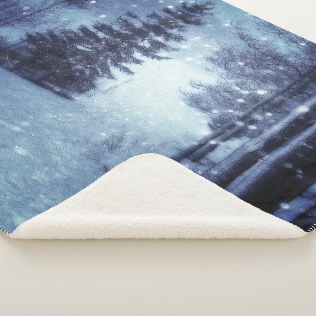 Blue Moonlit Magical Forest Winter Scene Sherpa Blanket (3/4)