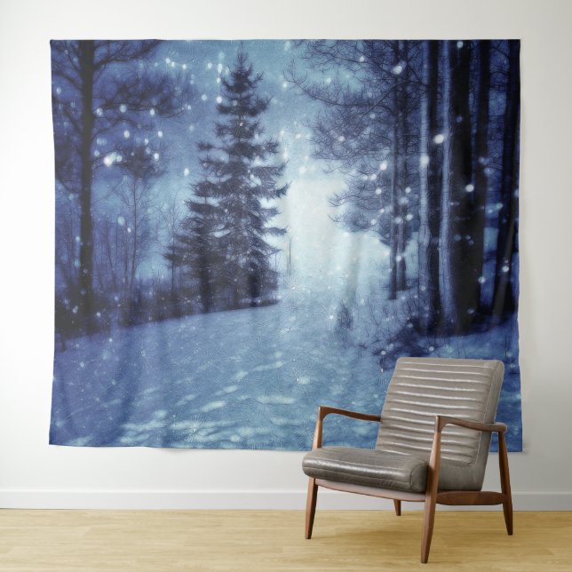 Blue Moonlit Magical Forest Winter Scene Tapestry (In Situ (Horizontal))