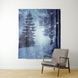 Blue Moonlit Magical Forest Winter Scene Tapestry