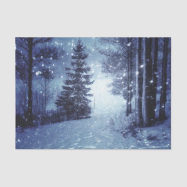 Blue Moonlit Magical Forest Winter Scene Tissue Paper (Front)