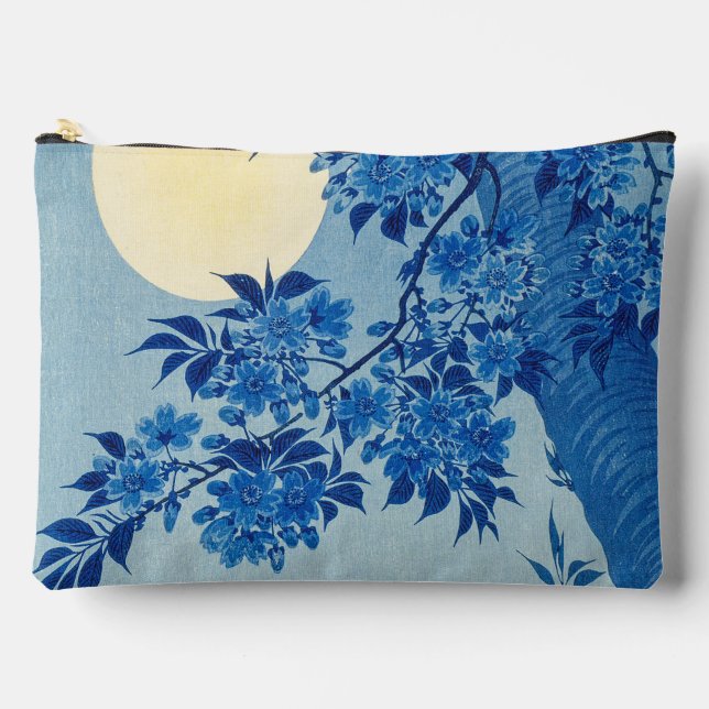 Blue Moonlit Tree: Japanese Cherry Blossom Night Accessory Pouch (Front)