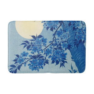 Blue Moonlit Tree: Japanese Cherry Blossom Night Bath Mat