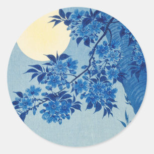 Blue Moonlit Tree: Japanese Cherry Blossom Night Classic Round Sticker