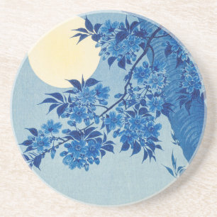 Blue Moonlit Tree: Japanese Cherry Blossom Night Coaster
