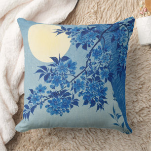 Blue Moonlit Tree: Japanese Cherry Blossom Night Cushion