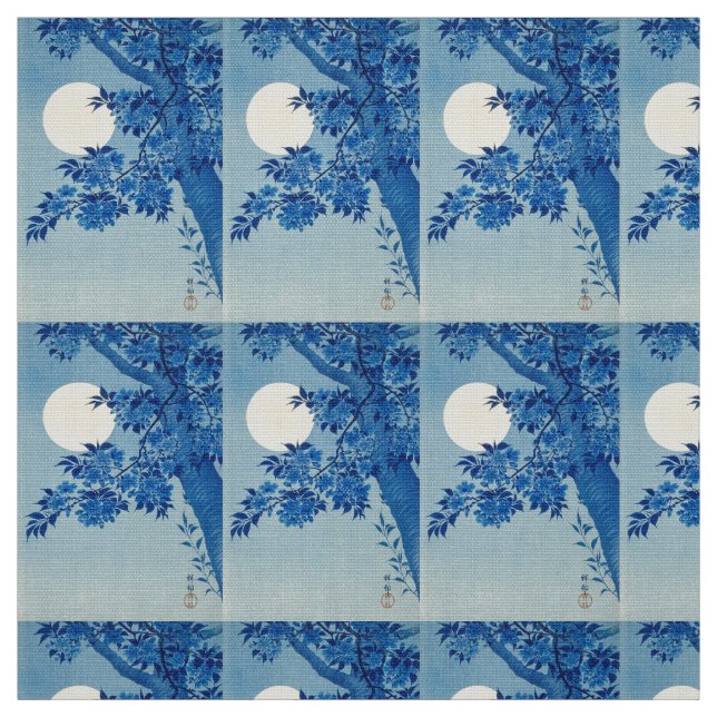 Blue Moonlit Tree: Japanese Cherry Blossom Night Fabric (Swatch)