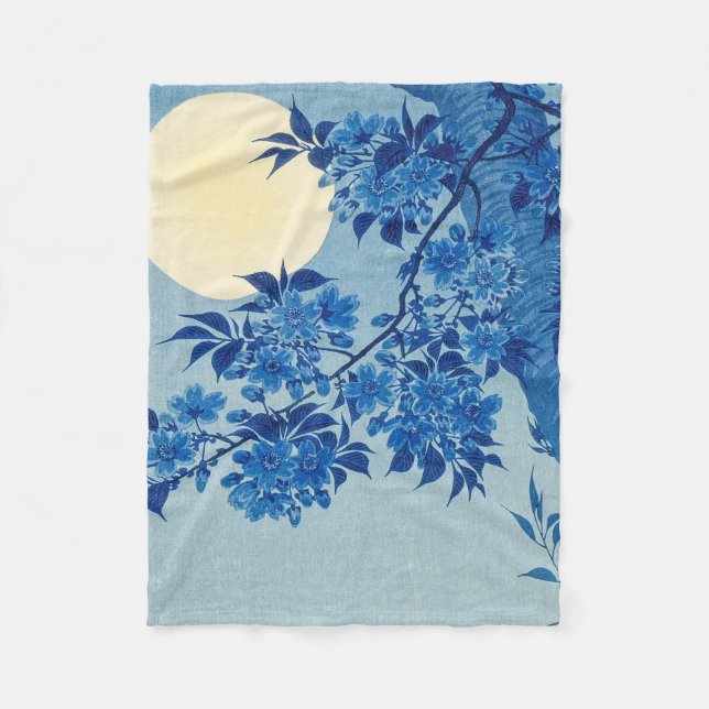 Blue Moonlit Tree: Japanese Cherry Blossom Night Fleece Blanket (Front)