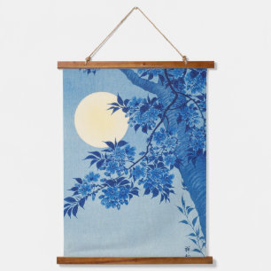 Blue Moonlit Tree: Japanese Cherry Blossom Night Hanging Tapestry