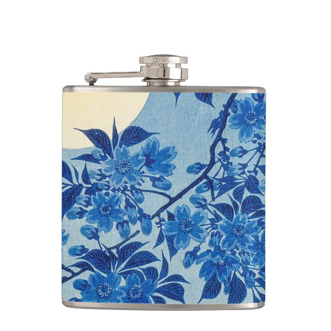 Blue Moonlit Tree: Japanese Cherry Blossom Night Hip Flask (Front)