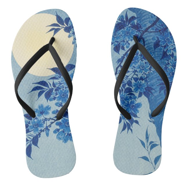 Blue Moonlit Tree: Japanese Cherry Blossom Night Jandals (Footbed)