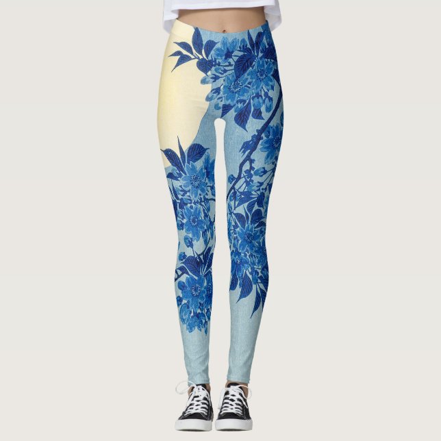 Blue Moonlit Tree: Japanese Cherry Blossom Night Leggings (Front)