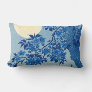 Blue Moonlit Tree: Japanese Cherry Blossom Night Lumbar Cushion