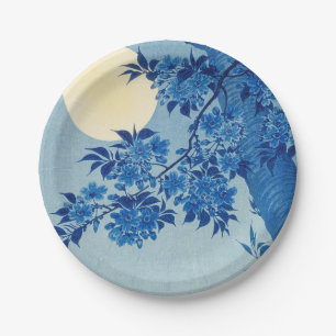 Blue Moonlit Tree: Japanese Cherry Blossom Night Paper Plate