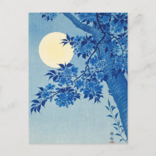 Blue Moonlit Tree: Japanese Cherry Blossom Night Postcard
