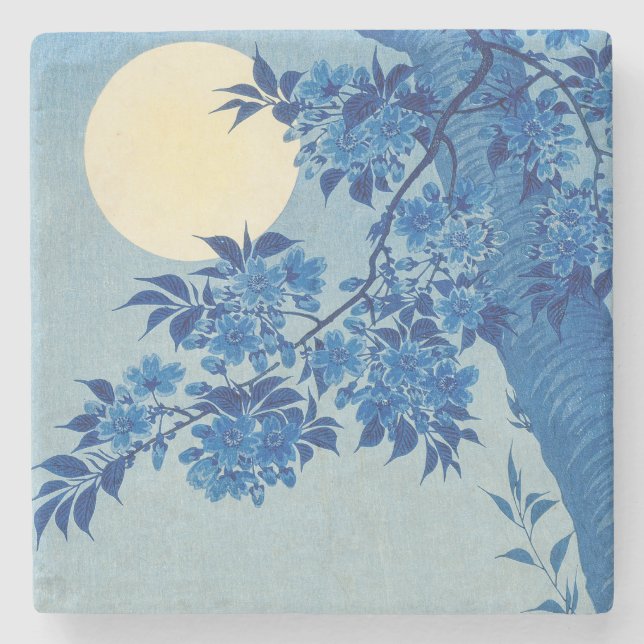 Blue Moonlit Tree: Japanese Cherry Blossom Night Stone Coaster (Front)