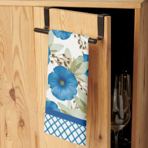 Blue Morning Glories and Lattice Work Tea Towel