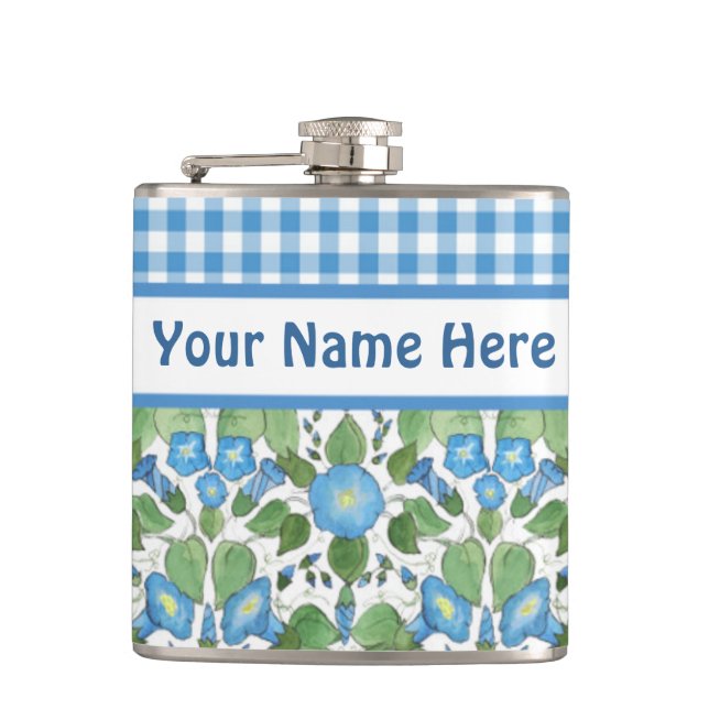 Blue Morning Glory and Check Gingham Hip Flask (Front)