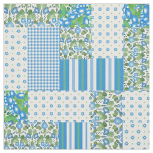 Blue Morning Glory Faux Patchwork Pattern Fabric
