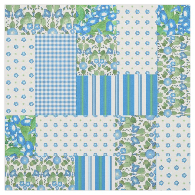 Blue Morning Glory Faux Patchwork Pattern Fabric (Swatch)