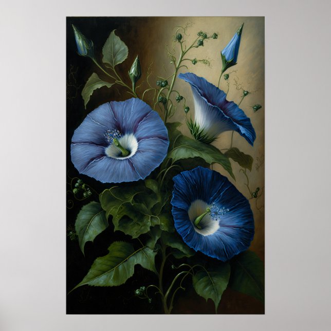 Blue Morning Glory Flowers Art Print Poster (Front)