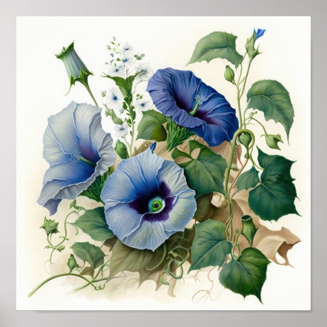 Blue Morning Glory Flowers Art Print Poster (Front)