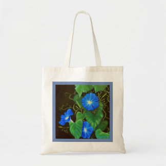 Blue morning glory, green leaves and vines tote bag
