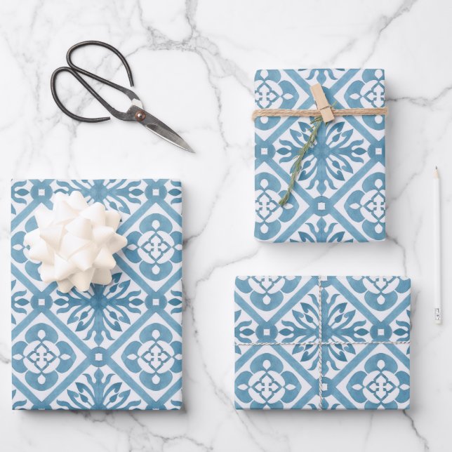 Blue Moroccan Mediterranean Tile Pattern Wrapping Paper Sheet (Front)