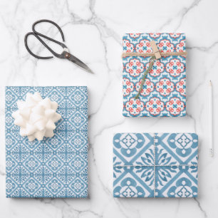 Blue Moroccan Mediterranean Tile Pattern Wrapping Paper Sheet