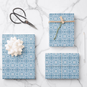 Blue Moroccan Mediterranean Tile Pattern Wrapping Paper Sheet