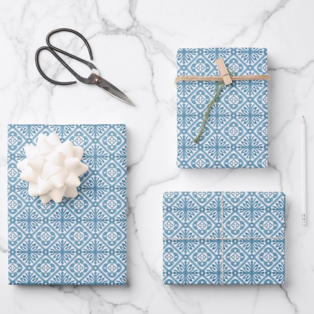 Blue Moroccan Mediterranean Tile Pattern Wrapping Paper Sheet (Front)