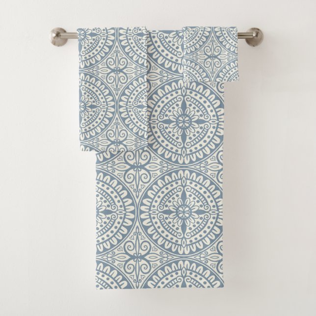 Blue Moroccan Tile Pattern Bath Towel Set (Insitu)