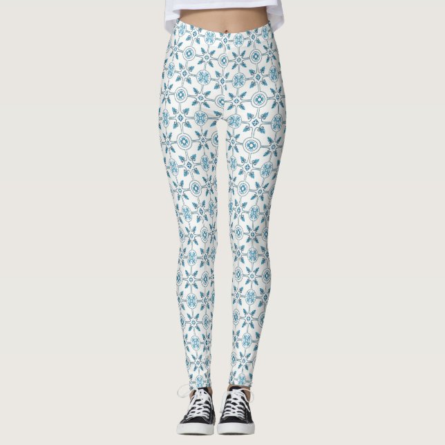 Blue Moroccan Tile Pattern Leggings (Front)