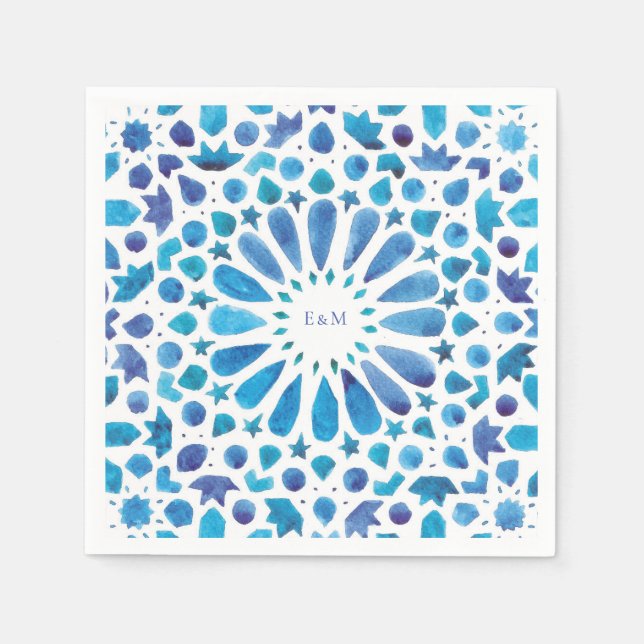 Blue Moroccan Tiles Initials Wedding Logo Napkin (Front)