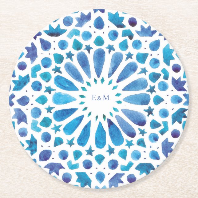 Blue Moroccan Tiles Initials Wedding Logo Round Paper Coaster (Front)