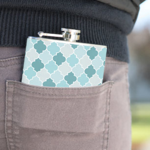Blue Moroccan Trellis, Latticework, Quatrefoil Hip Flask