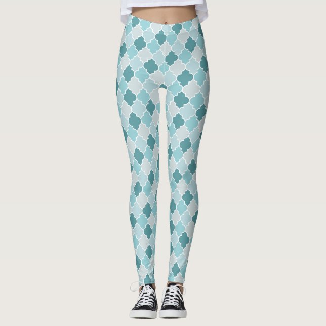 Blue Moroccan Trellis, Latticework, Quatrefoil Leggings (Front)