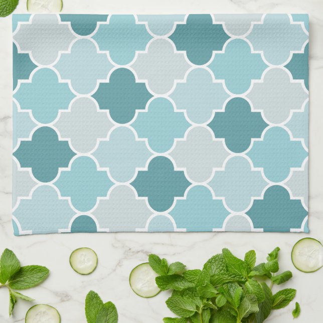 Blue Moroccan Trellis, Latticework, Quatrefoil Tea Towel (Folded)