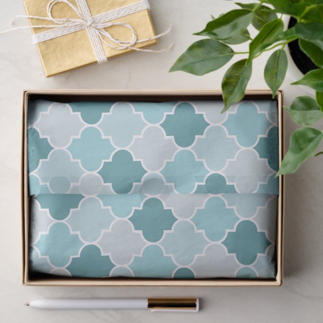 Blue Moroccan Trellis, Latticework, Quatrefoil Tissue Paper (Gift)