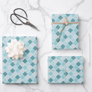 Blue Moroccan Trellis, Latticework, Quatrefoil Wrapping Paper Sheet