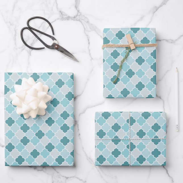 Blue Moroccan Trellis, Latticework, Quatrefoil Wrapping Paper Sheet (Front)