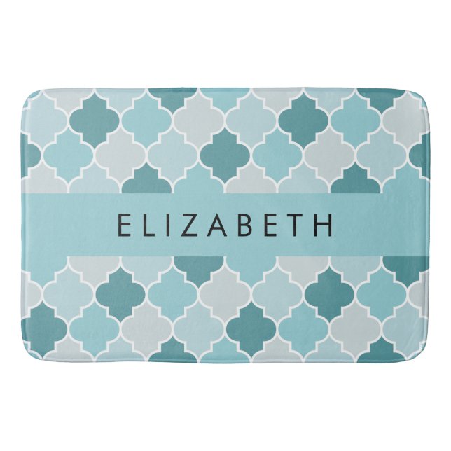 Blue Moroccan Trellis, Quatrefoil, Your Name Bath Mat (Front)