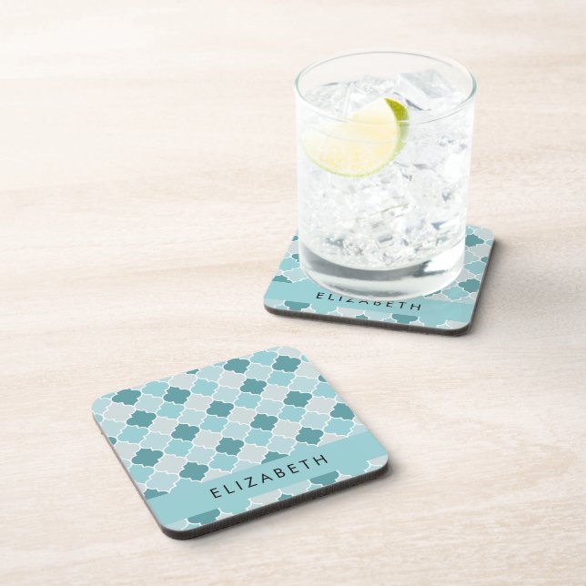 Blue Moroccan Trellis, Quatrefoil, Your Name Coaster (Right Side)
