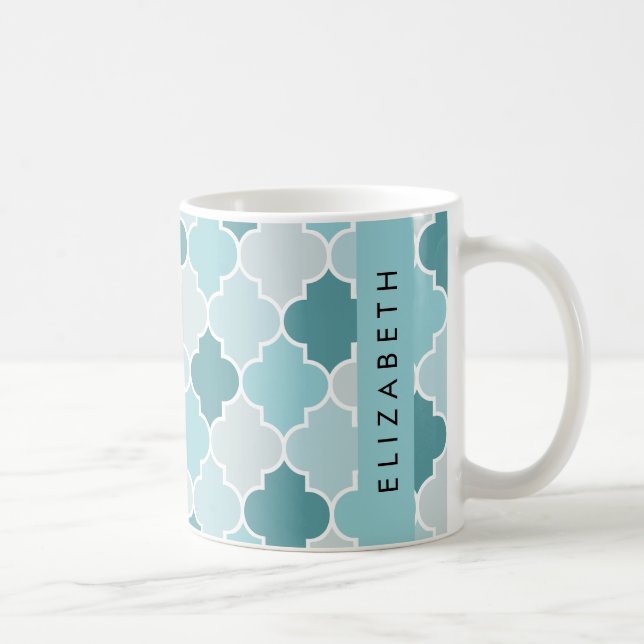 Blue Moroccan Trellis, Quatrefoil, Your Name Coffee Mug (Right)