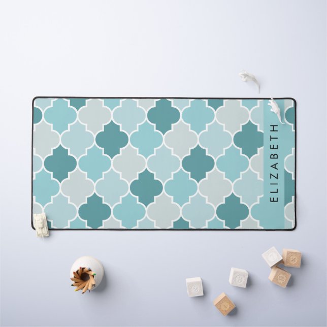 Blue Moroccan Trellis, Quatrefoil, Your Name Desk Mat (Kids Table)
